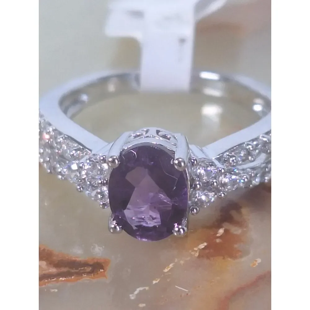 925 Sterling Silver Amethyst Ring Oval Purple Stone CZ Accents Sz 6.5 NIB